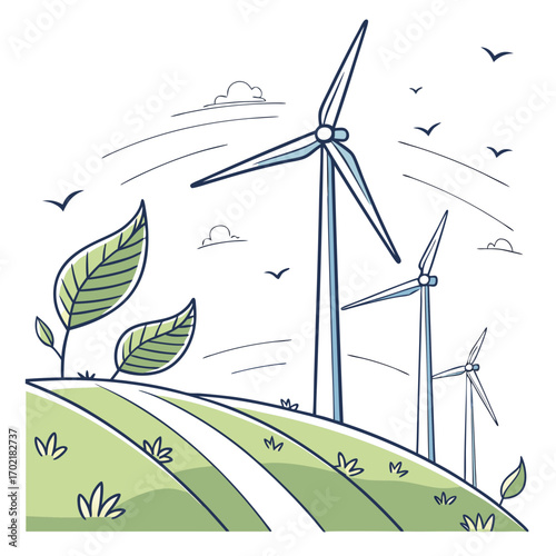 Whimsical hand drawn illustration of wind turbines in a green field with growing leaves and birds flying in a cloudy sky representing renewable energy and environmentalism