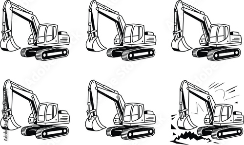 Six Illustrations of an Excavator Machine in Black and White