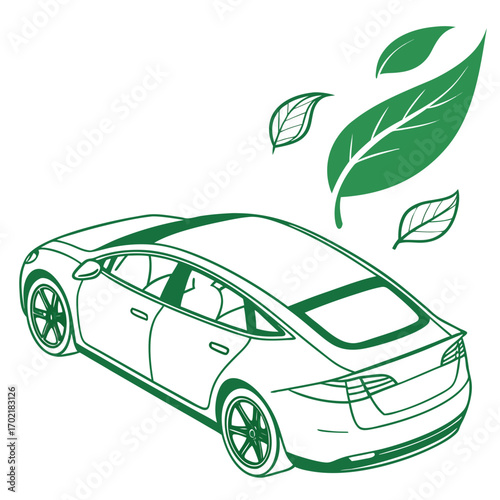Modern electric vehicle with a sleek design depicted in a clean green outline symbolizing eco friendly transportation and sustainable mobility with leaves in motion