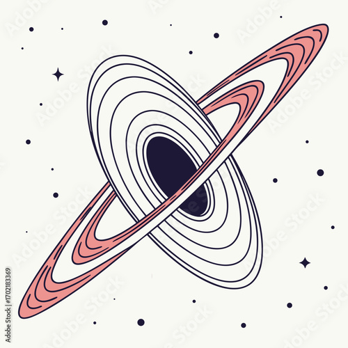Stylized illustration of a black hole with a pink and white accretion disk surrounded by stars and dots against a cream background representing deep space and cosmic phenomena
