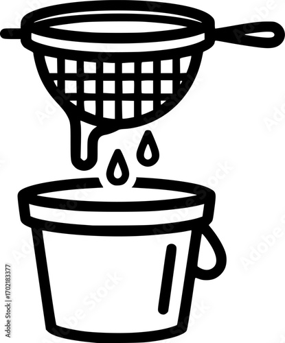 Honey strainer over honey bucket outline icon vector
