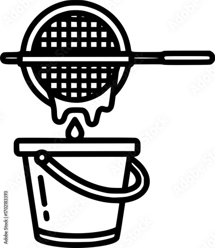 Honey strainer over honey bucket outline icon vector
