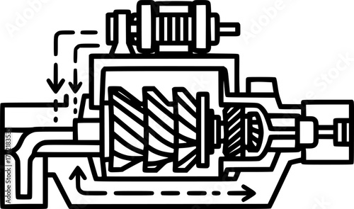 Hydroelectric dam turbine cross-section outline icon vector
