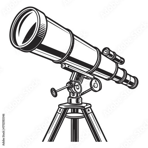 A detailed black and white illustration of a classic refracting telescope mounted on a sturdy tripod perfect for stargazing and astronomical observation