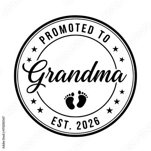 A circular emblem design elegantly proclaims the joyous announcement of becoming a grandma 2026, featuring a timeless design with stars, footprint icons, and the estimated year.