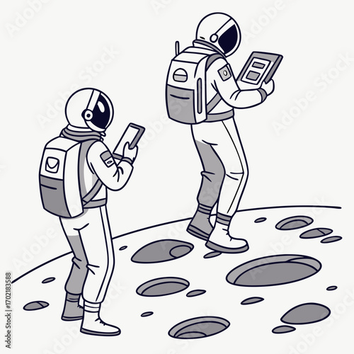 Two astronauts in futuristic spacesuits exploring a rocky alien planet surface holding digital tablets and wearing backpacks on a mission