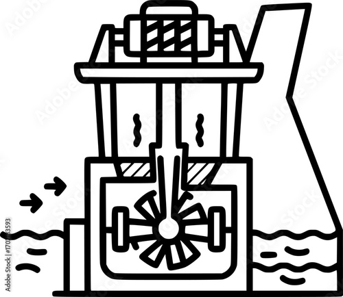 Hydroelectric dam turbine cross-section outline icon vector
