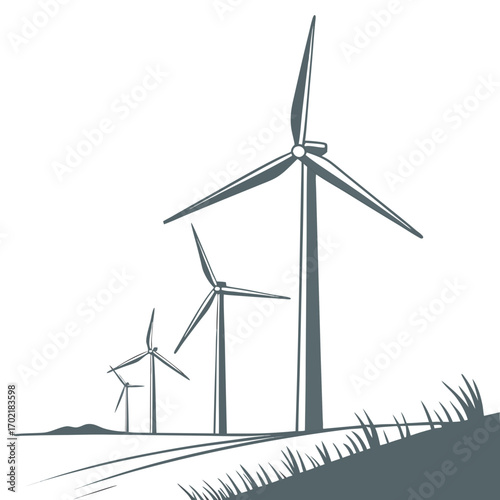 A row of three stylized wind turbines stand tall against a white background representing renewable energy generation in a clean modern graphic style