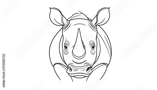 Detailed black and white line drawing of a rhinoceros head, focused on a powerful, alert expression.