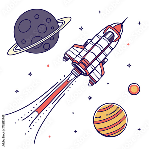A stylized illustration of a retro rocket ship blasting off into space leaving a trail of exhaust surrounded by planets and stars