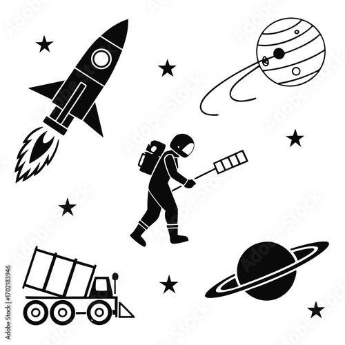 Whimsical black and white illustration of space exploration featuring a rocket ship astronaut with a tool a rover vehicle planets and stars on a white background