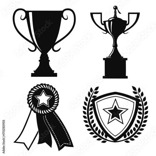 Collection of black silhouette award icons including two trophies a rosette ribbon and a shield with a star and laurel wreath symbolizing achievement and victory