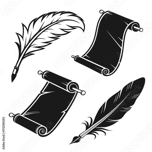 A black and white graphic illustration featuring two quill pens and two rolled scrolls representing writing and history
