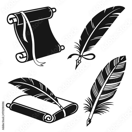 Collection of black silhouette icons featuring antique writing instruments including quill pens and rolled scrolls symbolizing history literature education and communication