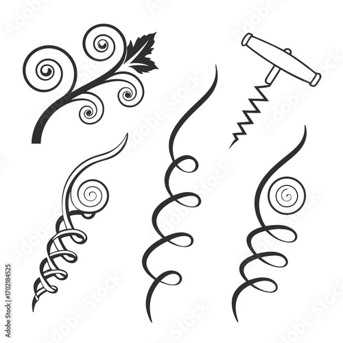 A collection of decorative black and white graphic elements featuring elegant swirls a leafy flourish and a classic corkscrew design perfect for vintage or artistic applications