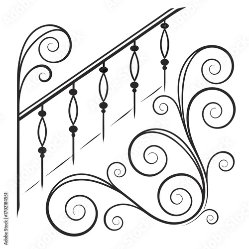 Elegant black wrought iron railing with decorative scrolls and ornate balusters creating a classic architectural element with a vintage feel