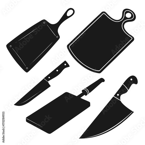 A collection of black silhouettes of various kitchen knives and cutting boards arranged artistically on a white background for culinary design