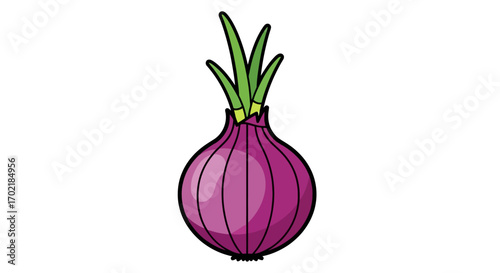 A vibrant cartoon illustration of a whole red onion with fresh green shoots sprouting from the top, isolated on a white background.