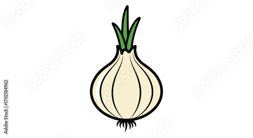 A simple, stylized illustration of a white onion with green sprouts emerging from the top and roots at the bottom.