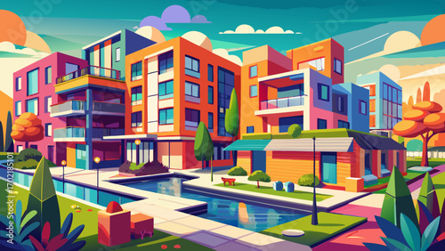 European residential complex, combining colorful facades, shared open spaces, and contemporary geometric details, creating an inviting, dynamic atmosphere that celebrates community, functionality, and