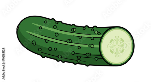 Illustration of a green cucumber with a slice cut off, showing the seeds inside.