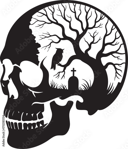 A striking black and white silhouette of a skull, with a detailed graveyard scene and barren tree nestled within its cranium.
