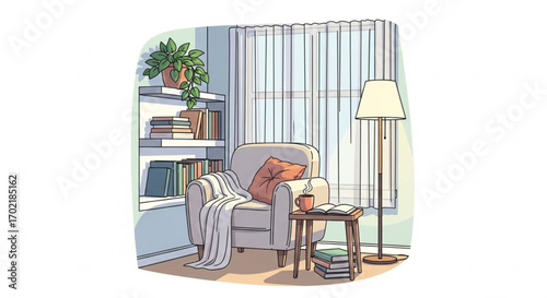 Cozy reading nook with armchair, books and warm light by the window