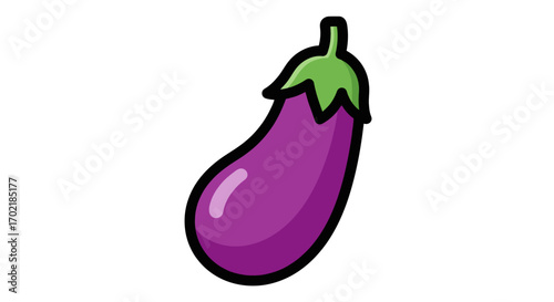 A simple and clean cartoon illustration of a single purple eggplant with a green stem on a white background.