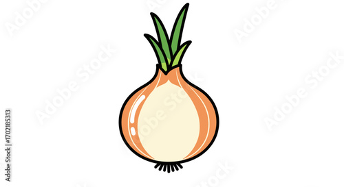 A simple cartoon illustration of a whole onion with light brown skin, green shoots, and roots on a white background.