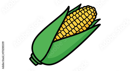 Illustration of an ear of corn with green husks.