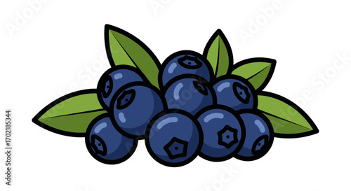 A vibrant cartoon illustration of a fresh cluster of ripe blueberries nestled amongst green leaves.