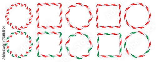 Christmas Oval and round wavy lollipop frames with red white and green candy stripes. Christmas striped lollipops for text decoration. Christmas design elements. Isolated vector.