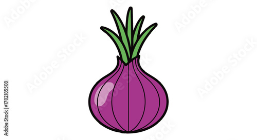A cartoon illustration of a single red onion with vibrant green shoots on a plain white background, depicting a fresh vegetable.