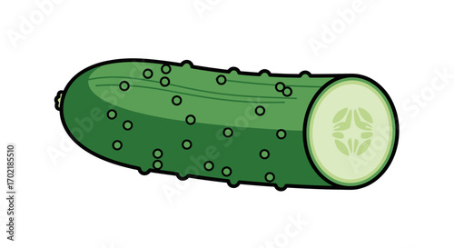 A detailed illustration of a fresh, green cucumber, sliced at one end, showing the inside.