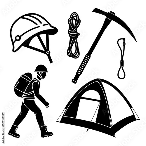 Silhouette collection of mountaineering and camping equipment including a hiker with backpack helmet rope ice axe carabiner and tent for outdoor adventure and survival concepts