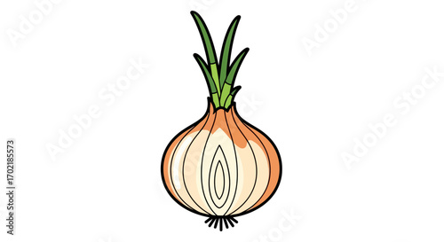Cartoon drawing of a whole onion with green shoots.