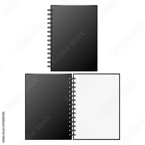 Realistic spiral sketchbook vector mockup with blank black cover close and open white page isolated on clean background top view, stationery painting product presentation, art school, draw education.