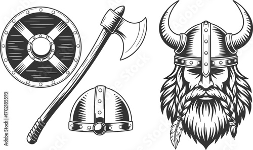 Viking warrior head, helmet, axe and shield illustration, Norse mythology artwork, medieval weapon set, hand-drawn vector for tattoo or 