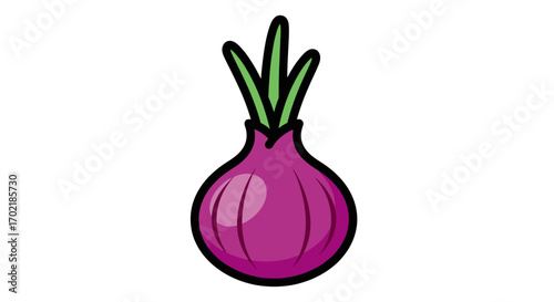 Cartoon illustration of a purple onion with green leaves.