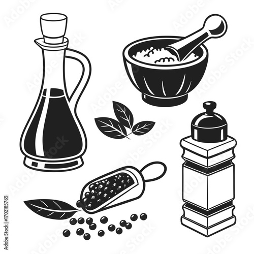 A collection of culinary icons including a bottle of oil or vinegar a mortar and pestle with spices fresh herbs a scoop of peppercorns and a salt or pepper shaker