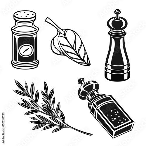 A collection of stylized black and white illustrations featuring kitchen essentials including salt and pepper grinders a sprig of rosemary and a single bay leaf perfect for culinary design
