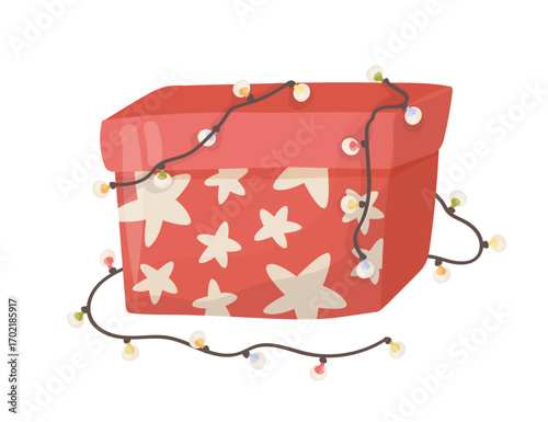 Red Christmas present box with garland isolate on white. Festive vector illustration.