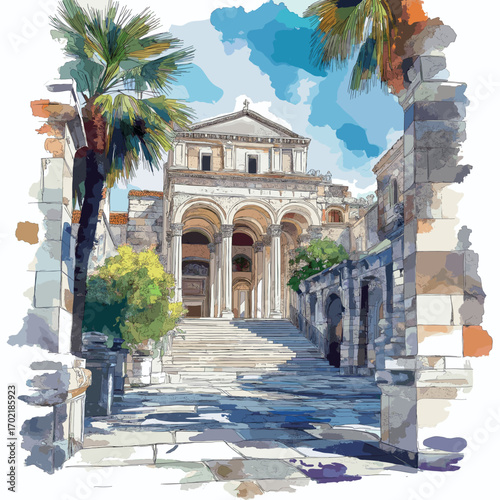 Diocletian's Palace. Diocletian's Palace watercolor vector illustration