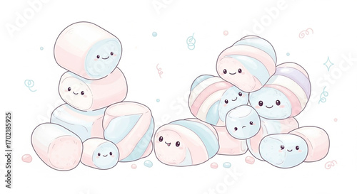 Cute kawaii marshmallow characters illustration in pastel colors