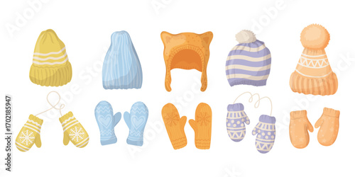 Knitting hats mittens for girls and boys for cold weather isolated on white background. Winter or autumn headwear collection. Vector illustration set.