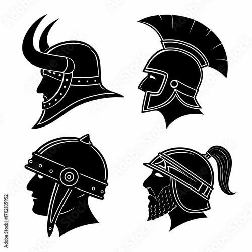 Collection of four silhouette profile icons of warriors wearing distinct helmets including viking roman and medieval styles representing combat history and strength