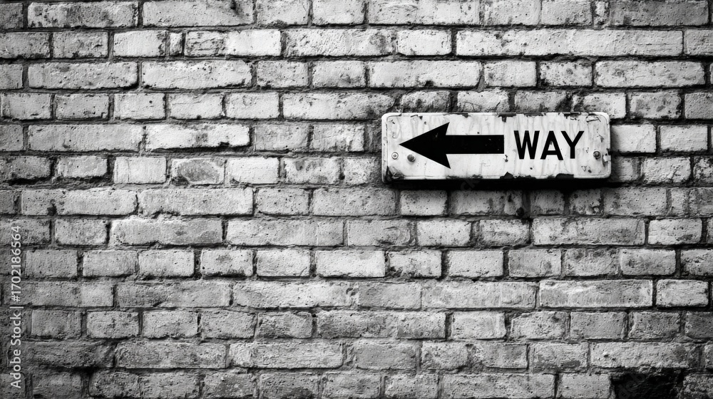 Obraz premium Directional Signage on Weathered Brick Wall, Indicating a Path or Route with a Rustic Aesthetic