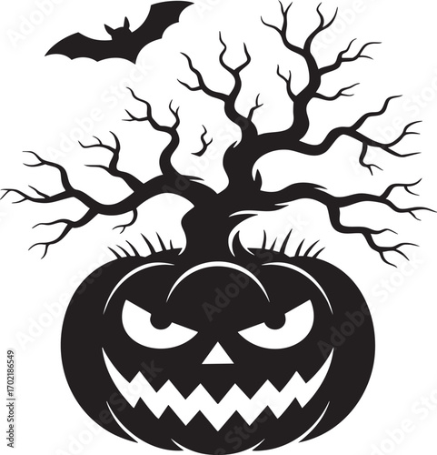A stylized, black and white graphic of a spooky Halloween pumpkin with a menacing grin and piercing eyes.