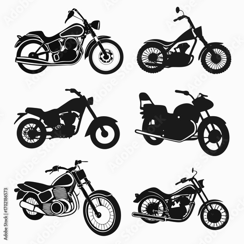 Collection of six distinct black motorcycle silhouettes showcasing various styles including cruisers choppers and classic designs isolated on a clean white background for versatile graphic use