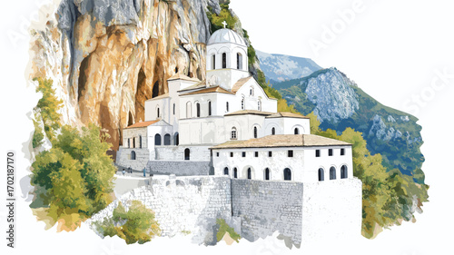 Ostrog Monastery. Ostrog Monastery watercolor vector illustration